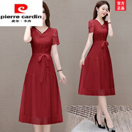 皮爾卡丹（pierre cardin）優(yōu)雅純色連衣裙女2025新款夏季收腰系帶女神范氣質(zhì)減齡中長(cháng)a字裙 大紅 M