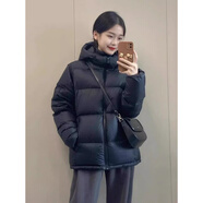以純白色羽絨服短款女2024冬季連帽寬松面包服保暖情侶小個(gè)子加厚外套 黑色【升級(jí)加厚連帽款】 S 80-100斤