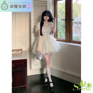 魁熙Blovelan清風(fēng)鈴蘭 甜美公主風(fēng)蝴蝶結(jié)歐根紗短款連衣裙蓬蓬裙女夏 杏色 XL