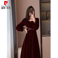 皮爾卡丹（pierre cardin）法復古溫柔風(fēng)連衣裙春秋新款大碼感顯瘦氣質(zhì)訂婚禮服長(cháng)裙子 車(chē)厘紅 2XL 建議145-165斤