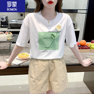 羅蒙（ROMON）女裝2025夏季新款小清新印花短袖t恤女立體花朵寬松顯瘦棉T恤上衣 白色 L