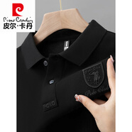 皮爾卡丹（pierre cardin）高檔品牌重磅冰絲短袖t恤男翻領(lǐng)休閑polo衫夏季男裝字母壓膠上衣 A714黑色 3XL -建議170-190斤