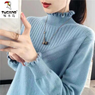 啄木鳥(niǎo)2024秋冬新款女士純色荷葉邊毛衣寬松外穿半高領(lǐng)百搭顯瘦打底衫女 藍色 M 95-110斤