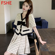 FSHE2025夏季女裝蝴蝶結(jié)兩件套裙子不規(guī)則套裝小香連衣裙百褶半身裙潮 圖片色【上衣+裙子】?jī)?nèi)襯 M 建議85-100斤