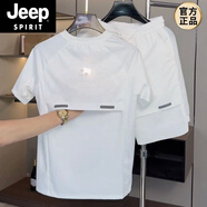 JEEP SPIRIT夏季薄款打孔透氣速干冰絲套裝男彈力寬松短袖短褲兩件套 白色【套裝】 XL 125-140斤