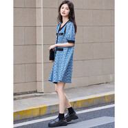 德瑪納【水波紋針織提花】夏靜奢小香風(fēng)V領(lǐng)泡泡袖拼色連衣裙女中長(cháng)款