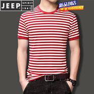 JEEP SPIRIT夏季短袖男裝黑白色橫條紋體恤?；晟兰兠捱\動半袖復(fù)古聚會衫 紅色 XL