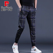 皮爾卡丹（pierre cardin）薄款歐洲站老虎數碼印花束腳褲潮牌秋季男士修身百搭小腳休閑褲子 黑色格9013 2XL 2X 140-160斤