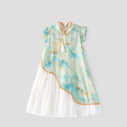皮爾卡丹（pierre cardin）童裝兒童裙子夏季2025新款女童改良旗袍裙?jié)h服寶寶無袖連衣裙唐裝 綠色 150 尺碼11~12歲【140-150cm】