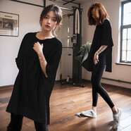 裴客大碼運(yùn)動上衣女寬松胖mm罩衫T恤瑜伽服短袖中長款跑步遮臀健身服 黑色 L 建議120150斤
