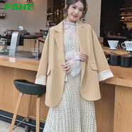 FSHE韓版 炸街粉色小西裝外套女雙排扣寬松休閑chic西服春秋季新款 黃色[優(yōu)質(zhì)版] M _建議100-115