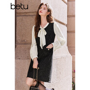 百圖betu女裝2025春季新款連衣裙小香風(fēng)蝴蝶結系帶假兩件裙子2501T71 黑色 M