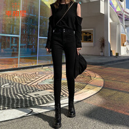 乖甜星2025年秋季新款超高腰黑色牛仔褲女顯瘦修身小腳緊身鉛筆褲子 純黑色(九分)春秋 28 二尺一