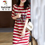 啄木鳥(niǎo)（TUCANO）條紋t恤裙女2025新款韓版中長(cháng)款大碼寬松遮肚學(xué)生長(cháng)款過(guò)膝連衣裙 紅色條紋 3XL