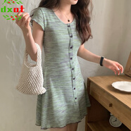 DXOT辣妹風(fēng)低圓領(lǐng)短袖洋氣小個(gè)子修身包臀裙A字彩色條紋針織連衣裙女 綠色 M 建議 95-110斤