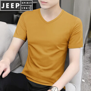 JEEP SPIRIT23夏新款莫代爾短袖t恤男純色v領(lǐng)冰絲速干體恤上衣服潮流夏 黃色 XL (135-150斤合身)