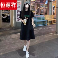 恒源祥短袖t恤裙子女夏季上衣中長款過膝連衣裙胖m純棉體恤裙夏款2024 黑色（盾牌） 3XL 160-180斤
