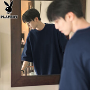 花花公子（PLAYBOY）短袖t恤男夏季寬松美式潮牌純棉重磅五分半袖高街頭休閑衣服體恤 藏青色 5XL 【建議190-210斤】