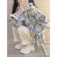 JRET少女范磨毛格子襯衫女春夏小清新學(xué)院風(fēng)上衣內搭慵懶襯衣外套學(xué)生 淺藍格 S 95斤以下