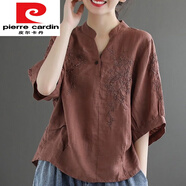 皮爾卡丹（pierre cardin） 民族風刺繡T恤女夏季薄款寬松短袖棉麻文藝復古亞麻上衣 咖啡色 M