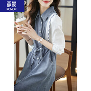 羅蒙（ROMON）連衣裙牛仔拼接2025春秋新款翻領(lǐng)撞色簡(jiǎn)約抽繩百搭休閑七分袖裙子 牛仔藍色 L