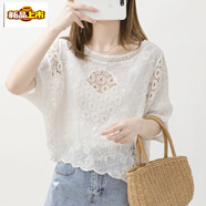 初徑純.棉超仙鏤空泡泡袖蕾絲衫短袖女2025夏新款寬松 白色 均碼 (建議80-155斤)