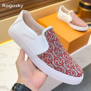 Rogosky香港潮牌一腳蹬男25春夏新款牛皮拼布套腳鞋時尚透氣休閑樂福鞋 紅色 40 =運動鞋41