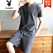 花花公子（PLAYBOY）冰絲短袖t恤男夏季薄款亞麻半袖上衣大碼V領(lǐng)男士寬松男裝棉麻體恤 灰色套裝 XL