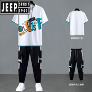 吉普（JEEP）夏季運(yùn)動(dòng)套裝男裝2025新款青年時(shí)尚短袖帥氣穿搭一套衣服潮 813白色套裝(T恤+126褲子) L 【100-115斤】