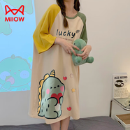 貓人（MiiOW）【防螨抗菌純棉】女士睡裙睡衣女撞色恐龍印花家居服綠色M