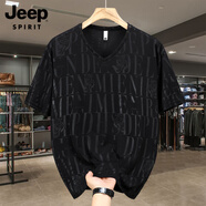 JEEP SPIRIT吉普380斤v領(lǐng)夏季冰絲潮流透氣短袖T恤男寬松半袖加肥加大碼體恤 【半虎黑色】V領(lǐng)8001L 5XL 建議180-200斤