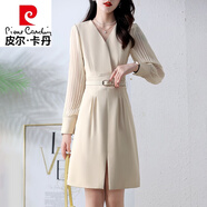 皮爾卡丹（pierre cardin）感長(cháng)袖連衣裙女2025年春秋韓版氣質(zhì)修身顯瘦雪紡拼接打底裙子 米色 2XL