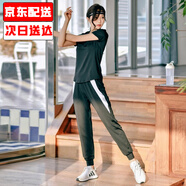 朵梵蓮運(yùn)動(dòng)套裝女春夏季寬松顯瘦瑜伽服女套裝長(zhǎng)袖健身房跑步健身服透氣 【兩件套】黑色短袖+白邊長(zhǎng)褲 3XL 144-160斤
