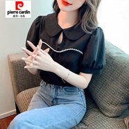 皮爾卡丹（pierre cardin）泡泡袖襯衫女2025夏季新款娃娃領(lǐng)鏤空釘珠設計感小眾氣質(zhì)百搭上衣 黑色 M