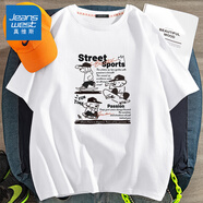 真維斯（Jeanswest）純棉短袖T恤男春夏季休閑潮牌個(gè)性字母印花學(xué)生胖子寬松上衣半袖 白色(大飛躍街頭) L /175(體重120-140斤左右)