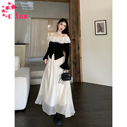 CTOX溫柔風(fēng)一字肩針織衫兩件套套裝女2025夏季荷葉邊長(cháng)袖上衣女優(yōu)雅 黑色上衣+半身裙 S 80-95斤