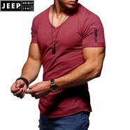 JEEP SPIRIT男士緊身短袖t恤歐美大V領(lǐng)修身低領(lǐng)打底衫男深v上衣半袖夏季潮流 酒紅 S 歐碼，尺碼偏大