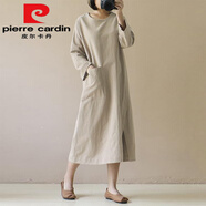 皮爾卡丹（pierre cardin）棉麻2025春秋新款連衣裙中長(cháng)款文藝長(cháng)袖日系森女A字裙 杏色今年流行的輕奢品牌 S 【80-95斤】