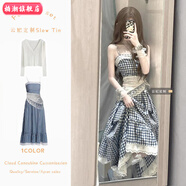 柏潮復古辣妹風(fēng)格子吊帶連衣裙夏季新款收腰顯瘦蕾絲邊a字裙白色束腰 主圖款 S 建議80-95斤