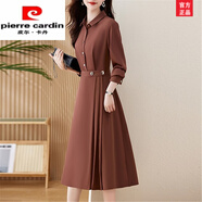 皮爾卡丹（pierre cardin）春秋長袖襯衫連衣裙女2025新款氣質(zhì)收腰顯瘦通勤女神范別致長裙子 磚紅 XL 【建議115-125斤】