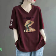 秀絲路女士短袖高檔女時(shí)尚一點(diǎn)大碼v領(lǐng)t恤寬松顯瘦遮肚子夏裝新款洋氣 酒紅色-背影女孩 XL 建議110-130斤