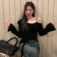 妙奕嘉木耳邊打底衫女春秋黑色長袖t恤女緊身修身純欲上衣辣妹斜肩露肩 黑色荷葉邊露肩打底衫 M 【約95斤以內(nèi)】