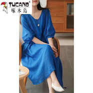 啄木鳥(niǎo)冰絲連衣裙高端女裝蕾絲拼接七分袖連衣裙系帶收腰休閑長(cháng)裙子 寶藍色 2XL 【建議145-160斤】