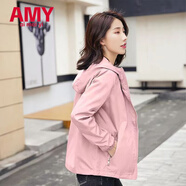 愛(ài)麥依2026春秋外套女短款長(cháng)袖休閑寬松薄款連帽夾克上衣新款百搭 粉紅色-雙層有內里 2XL 建議135-150斤