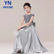 衣諾坊兒童禮服女童長(zhǎng)裙演出服主持人表演舞蹈裙 灰色：緞擺長(zhǎng)裙 150cm