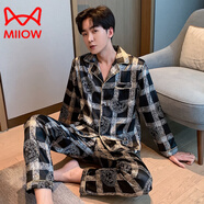 貓人（MiiOW）新款特大碼長(cháng)袖睡衣男春秋薄款加肥冰仿真絲家居服斤胖子寬松套裝 雙長(cháng)-743美杜莎 5XL 男（200-220斤）