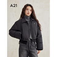 A21女裝短款加厚棉衣2024冬季新款簡約慵懶風(fēng)蝙蝠袖寬松翻領(lǐng)棉服 黑色 M