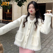 Jret小香風(fēng)高級(jí)感外套女2024秋冬加厚寬松短款粉色開衫毛茸茸上衣女 白色 M 建議95-105斤