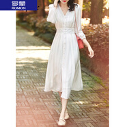 羅蒙（ROMON）  2022春季新款單排珍珠扣V領(lǐng)連衣裙女長袖法式收腰顯瘦中長款裙 白色 M