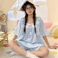 兒童睡衣女童夏季純棉薄款2025新款女孩初中學生家居服親子母女裝 L201-301冰藍 (短袖短褲） 158 L碼（建議高158-163cm)（帶胸墊）